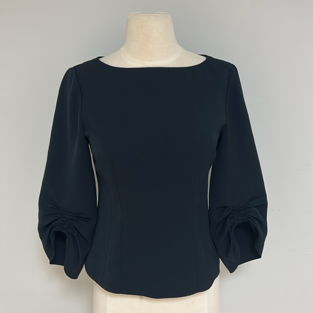 Tibi Black Puff Sleeve Top with Striking Back Zipper, Size 0